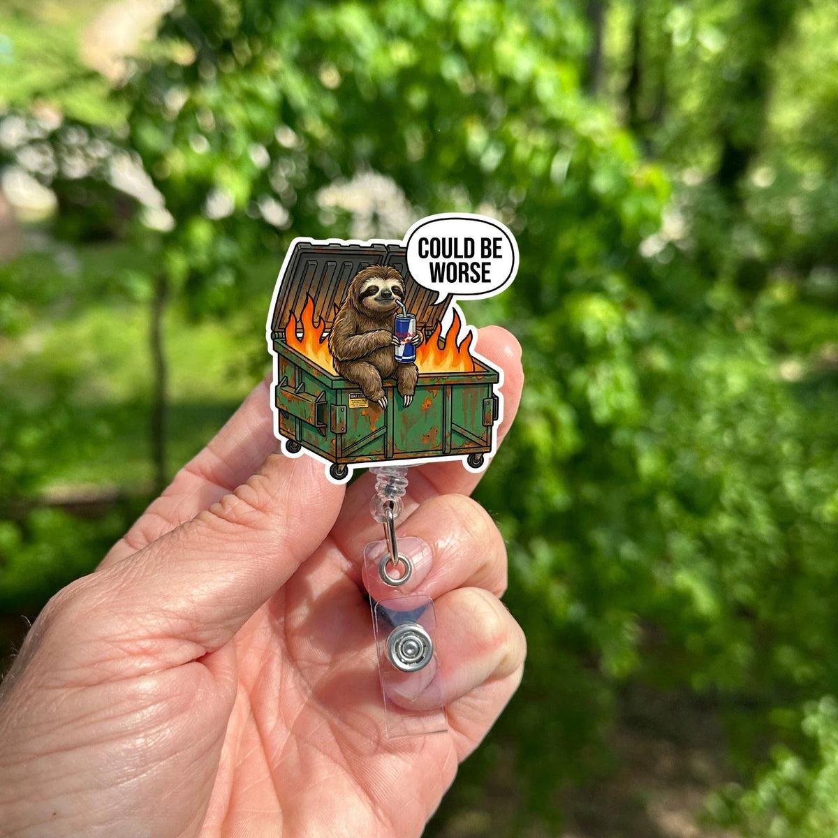 Sloth Dumpster Fire Badge Reel