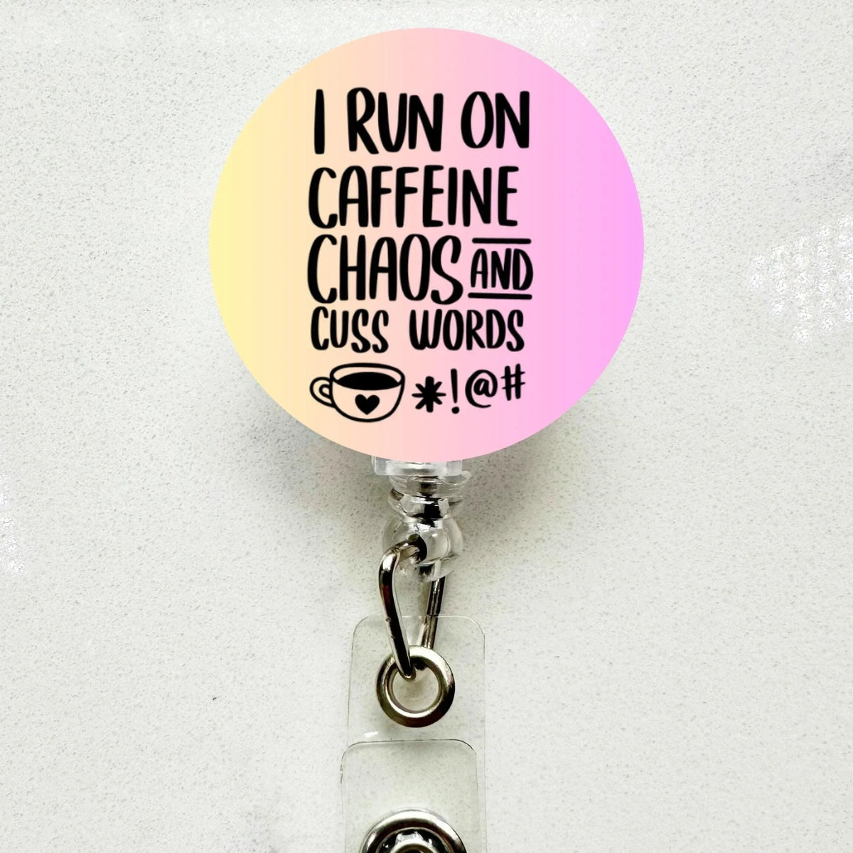 Funny 'Caffeine, Chaos & Cuss Words' Badge Reel