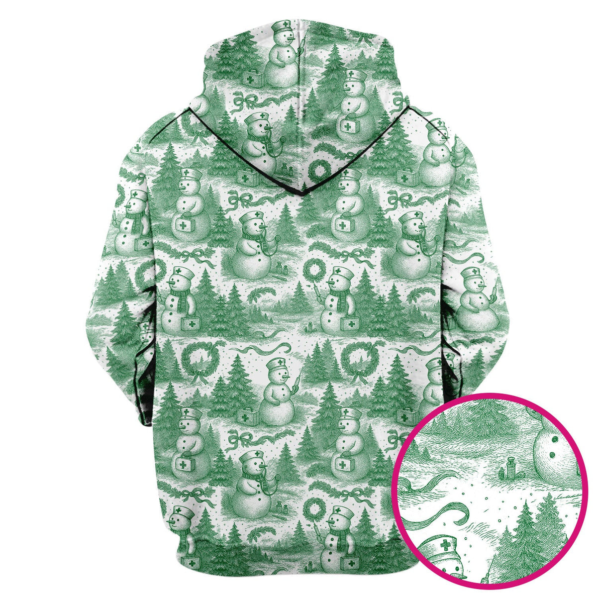 Christmas Scrub Top for Women – Toile de Jouy Snowman and Medical Pattern – Vintage Holiday Nurse Scrubs for Festive Season