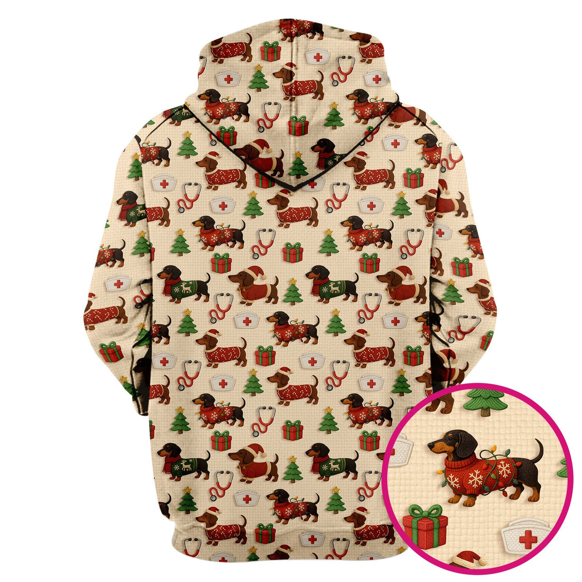 Christmas Nurse Scrubs for Women - Cute Dachshund Dog Print with Holiday Gifts & Trees - Custom Multi Color Nursing Shirt Gift