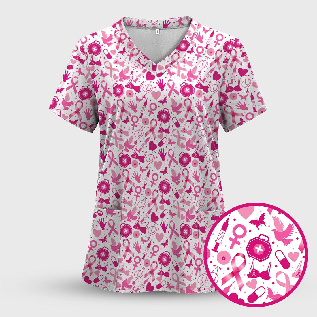 Personalized Breast Cancer Pink Ribbon Scrub Top - Medical Uniform with Pockets - Gift for RN LPN Healthcare Workers