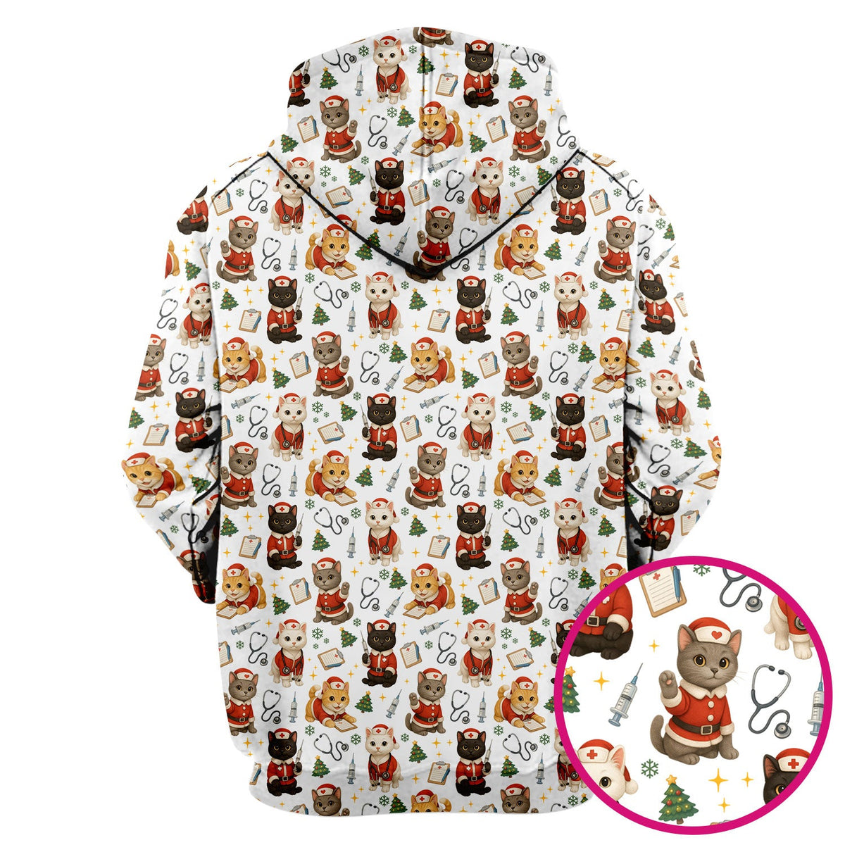 Funny Nurse Scrub Top for Women - Christmas Lucky Cat Design - Cute Holiday Nursing Shirt Gift for RN LPN CNA
