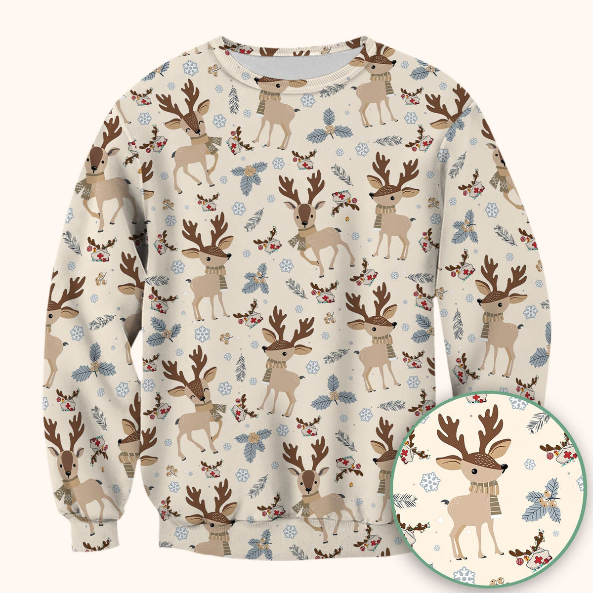 Reindeer Christmas Scrub Top - Cozy Beige Holiday Nurse Shirt with Cute Deer Pattern - Festive Medical Scrubs for Women RN CNA LPN