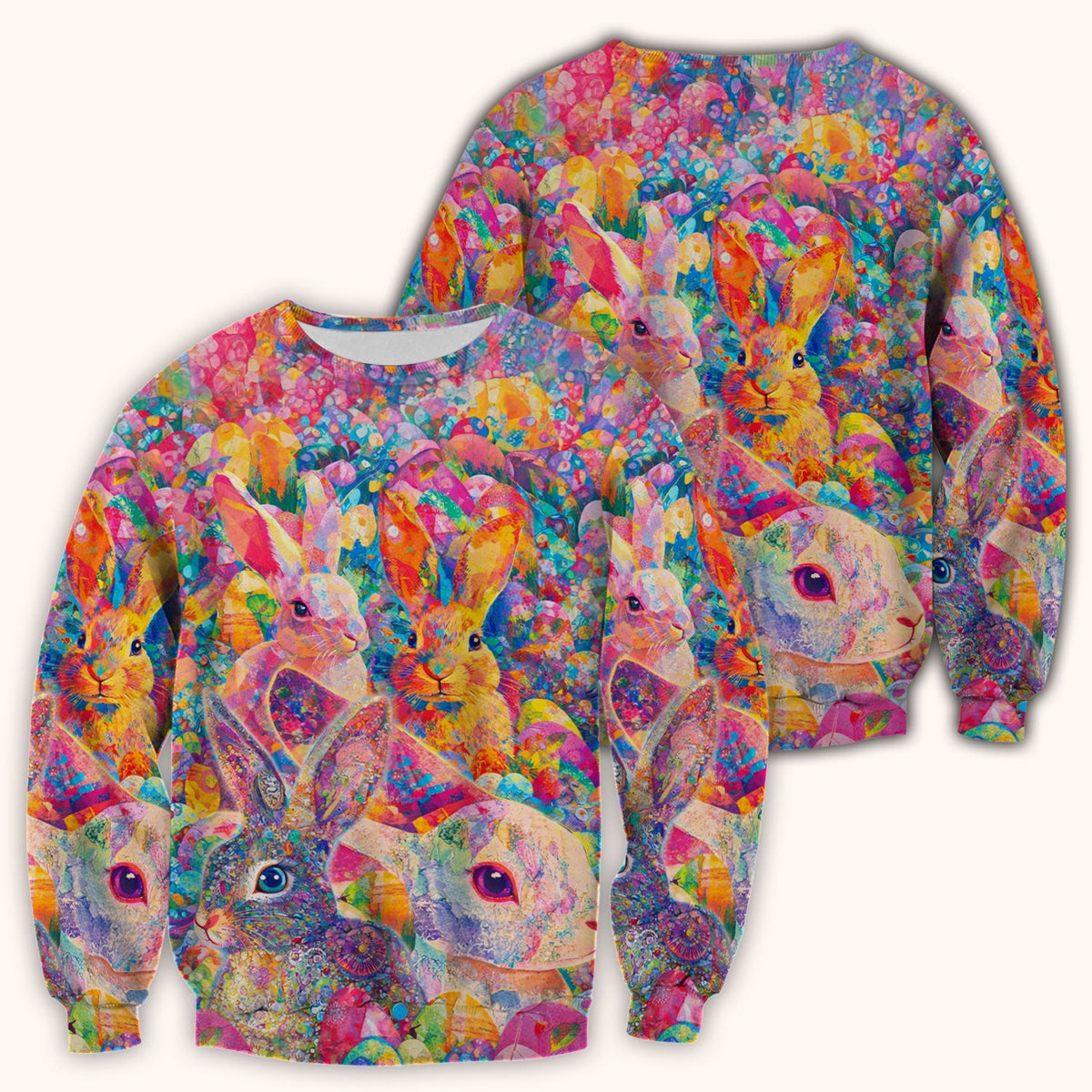 Colorful Artistic Bunny Print Scrub Top, Breathable Fabrics Nursing Uniform, Easter