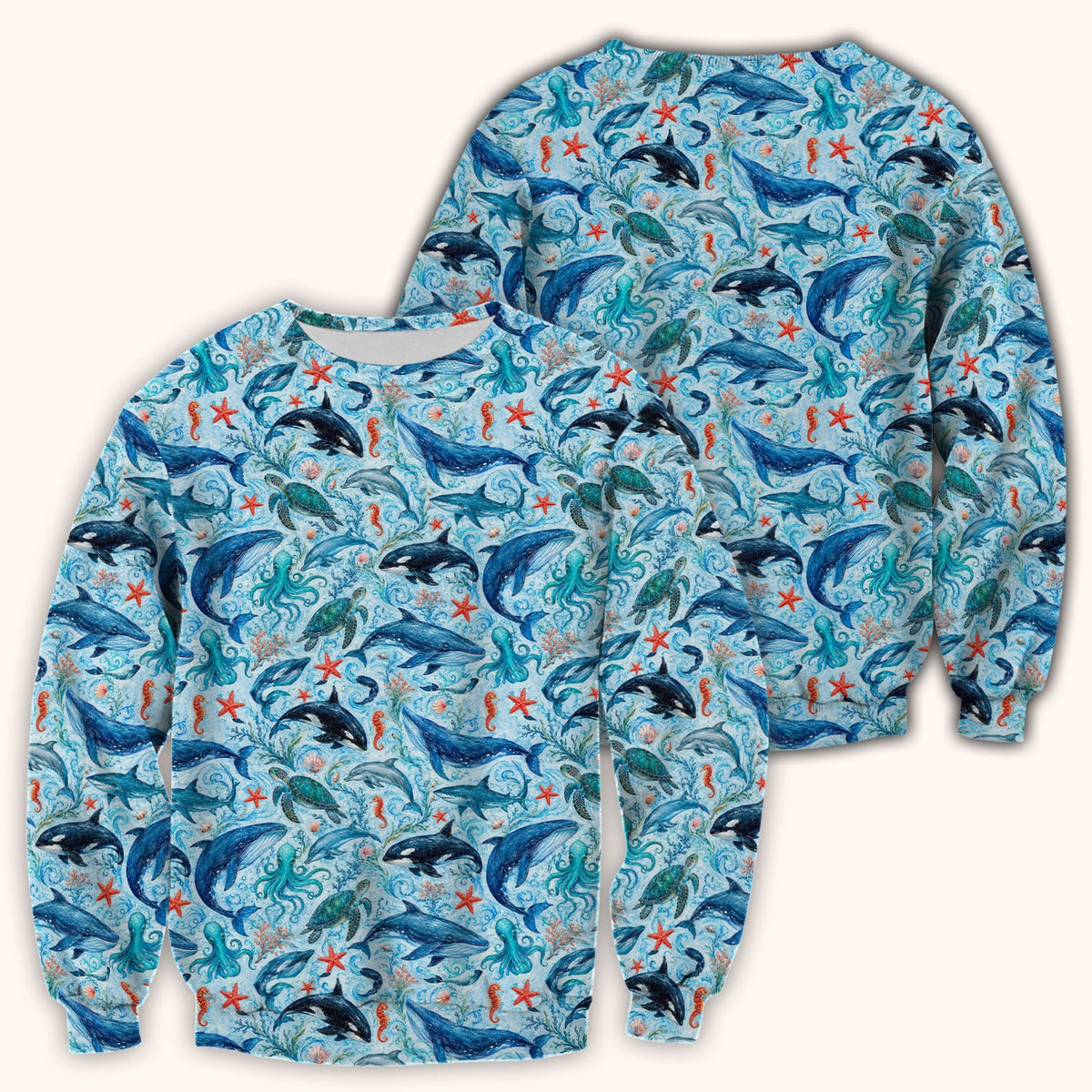Watercolor Ocean Wildlife Scene Nurse Scrub Top
