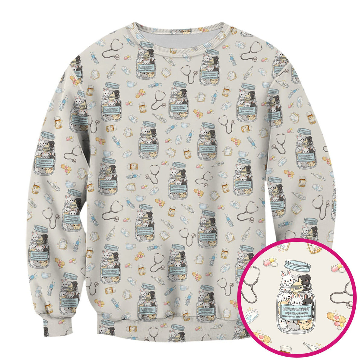 Whimsical Antidepressant Rabbit Jar Nurse Scrub Top