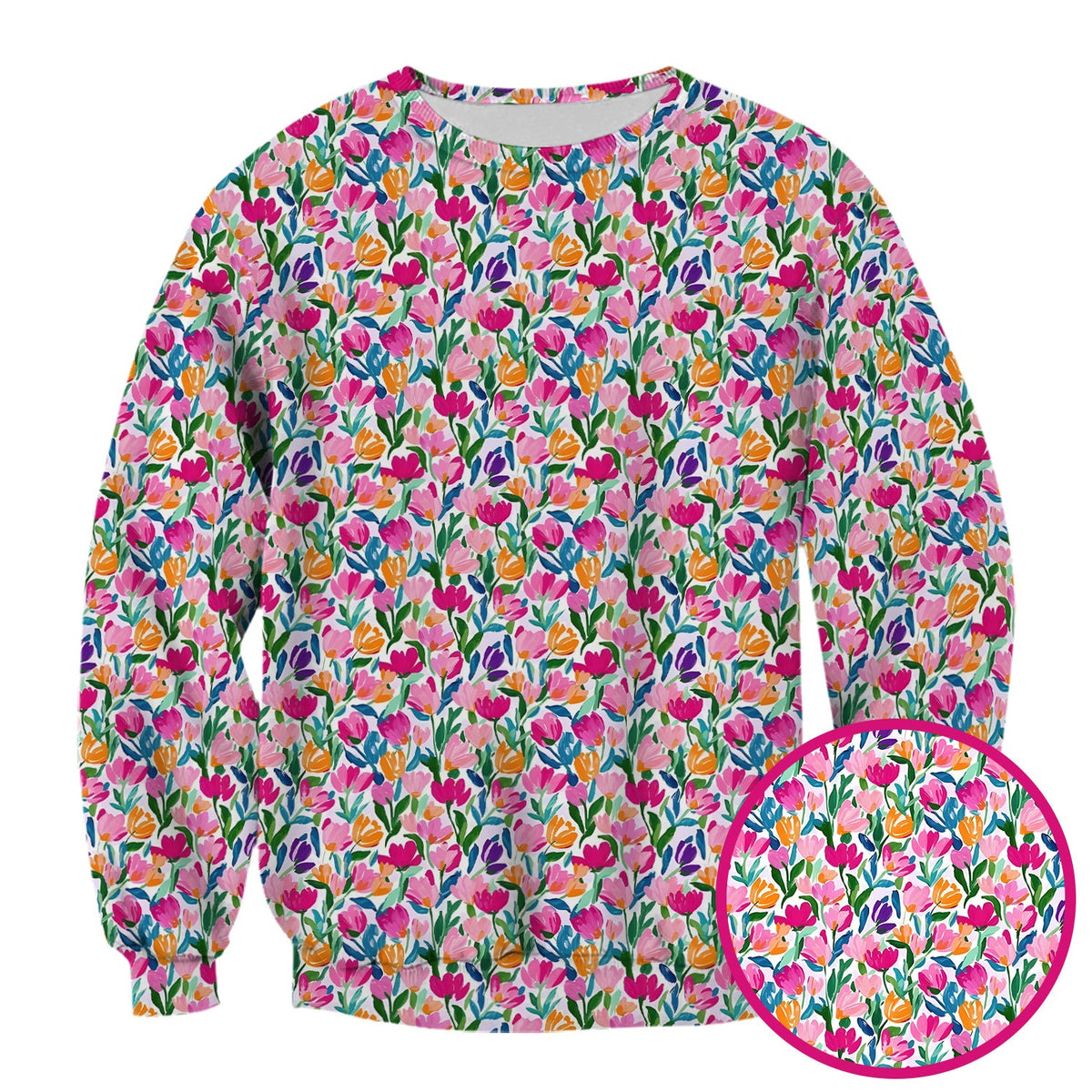 Vibrant Tulip Meadow Pattern Scrub Top, Breathable Fabrics Nursing Uniform