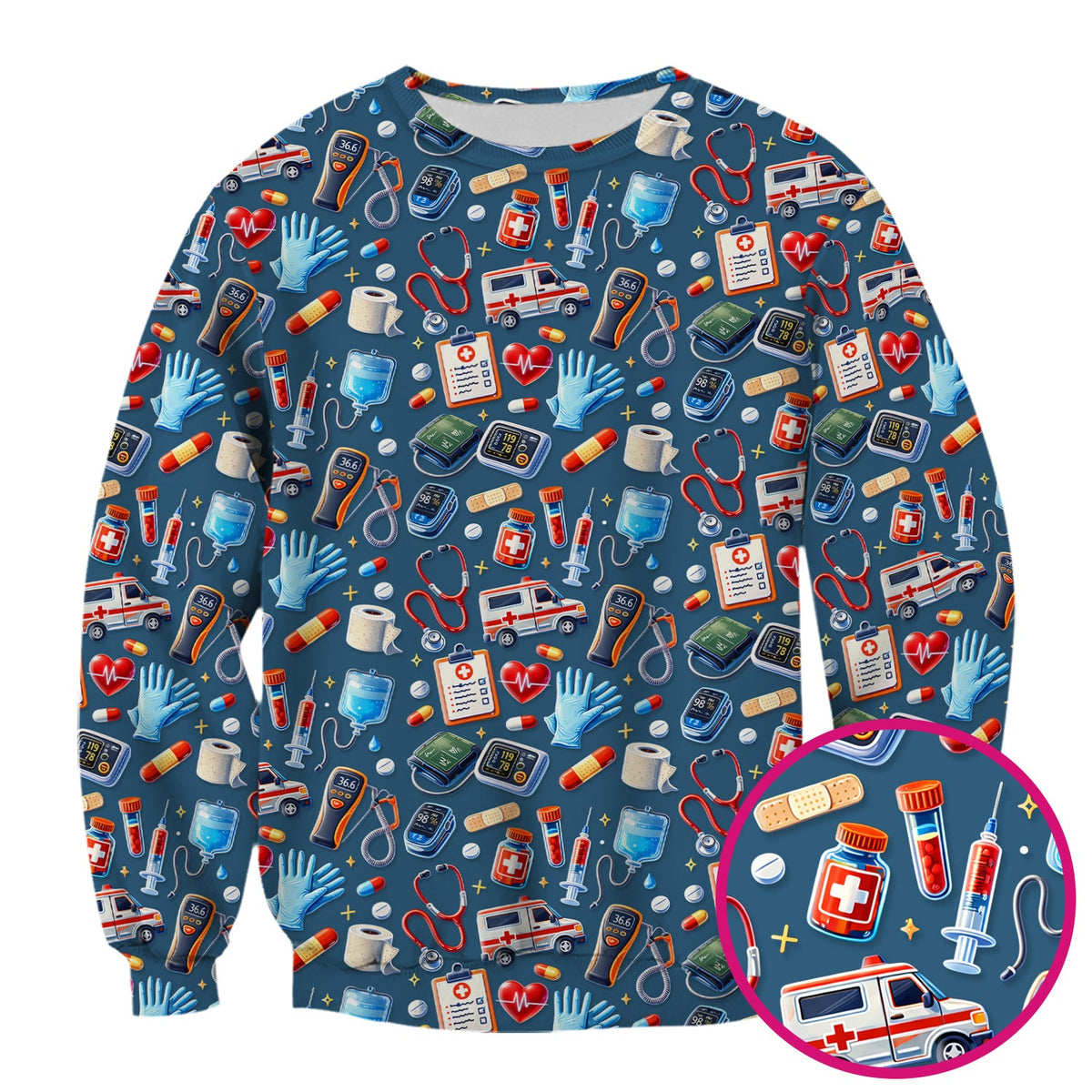 Medical Tools Pattern Ambulance Stethoscope Scrub Top, Comfortable Scrubs for Nurses