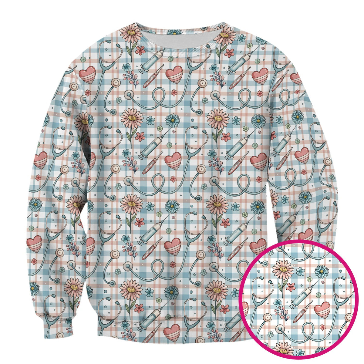 Stethoscope Heart Syringe Floral Plaid Nurse Scrub Top