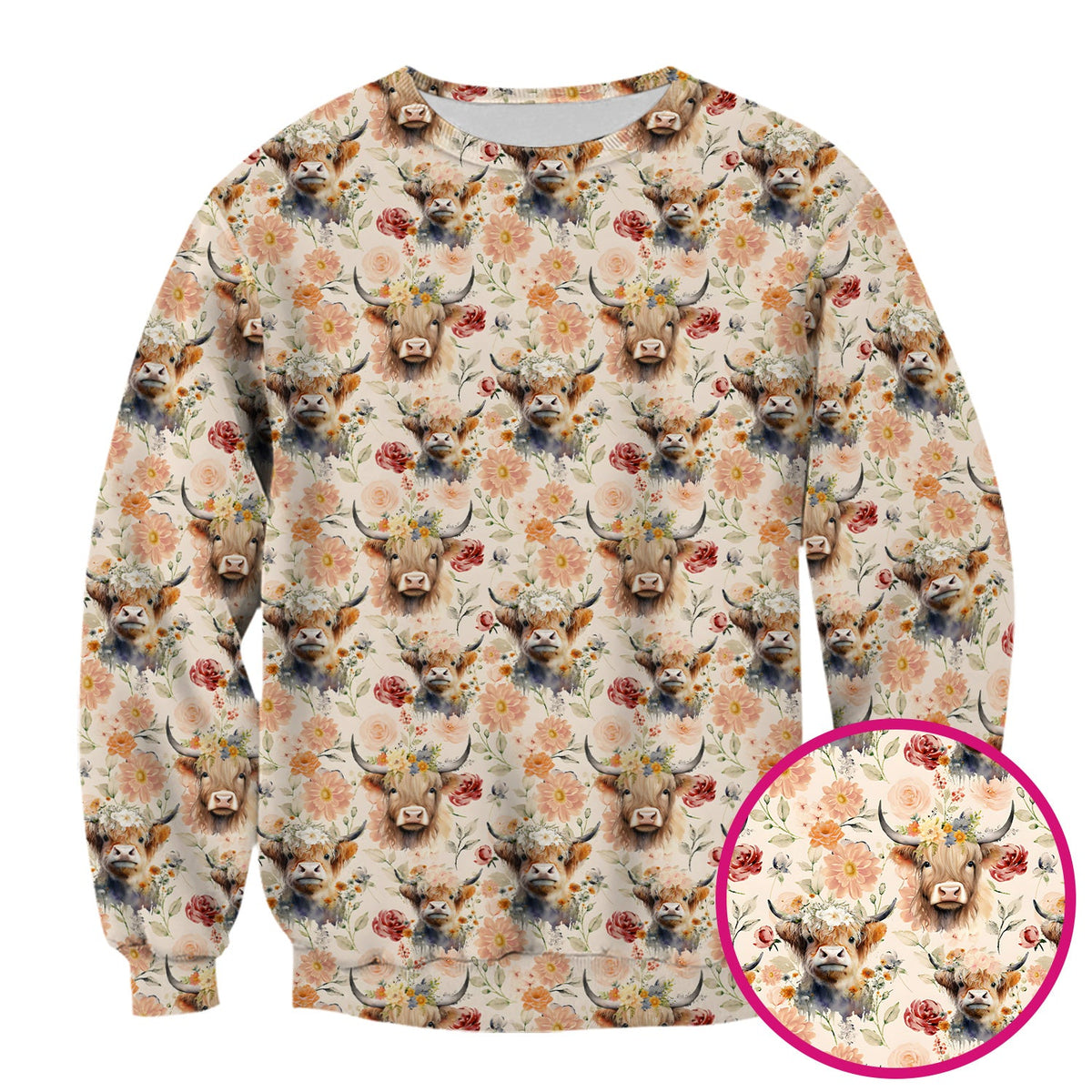 Cute Highland Cow Floral Pattern Scrub Top, Comfortable Scrubs for Nurses