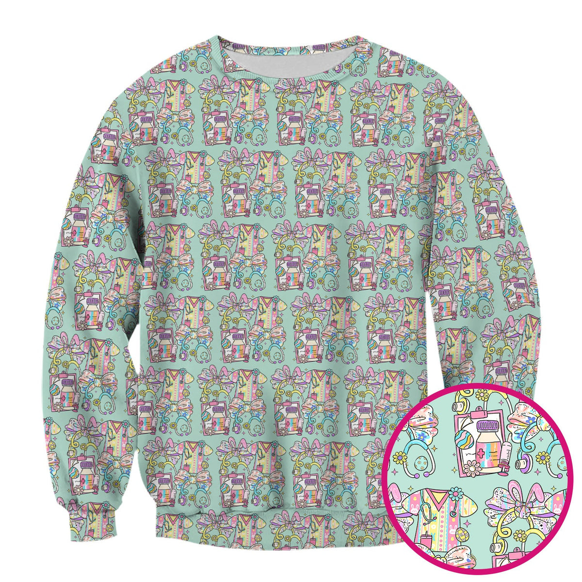 Colorful Nurse Scrub Supplies Pattern Scrub Top, Breathable Fabrics Nursing Uniform