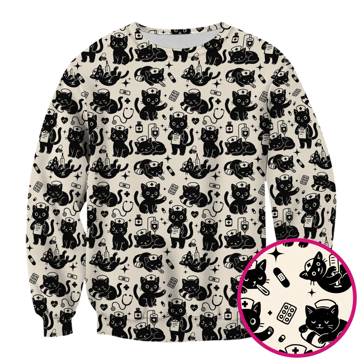 Cute Black Cat Nurse Pattern Scrub Top, Breathable Fabrics Nursing Uniform