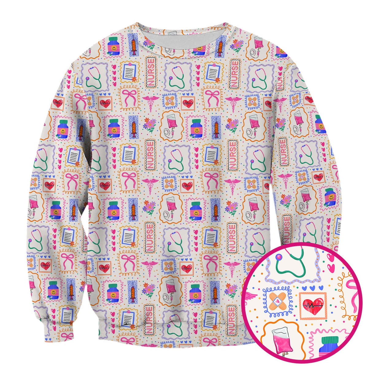 Colorful Nurse Medical Icon Pattern Scrub Top, Comfortable Scrubs for Nurses