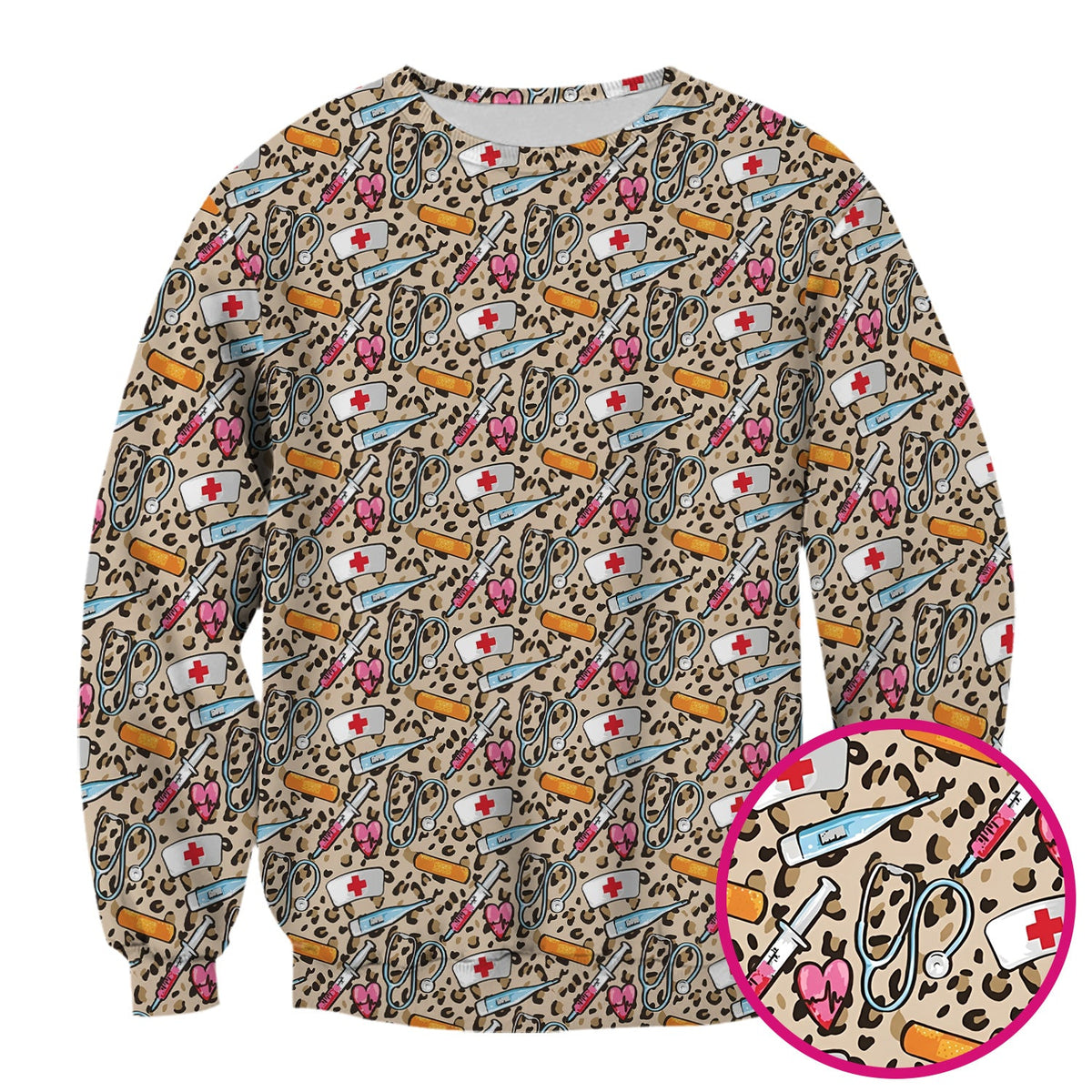 Leopard Medical Tools Pink Heart Nurse Scrub Top