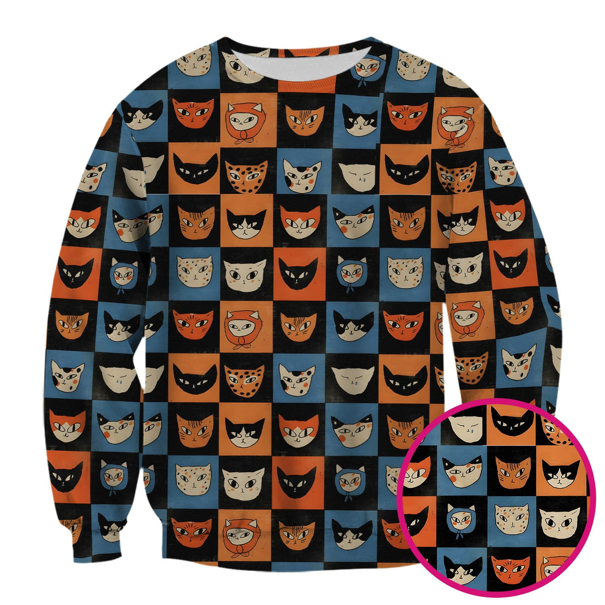 Cute Retro Cat Faces Checkerboard Print Scrub Top, Comfortable Scrubs For Nurses