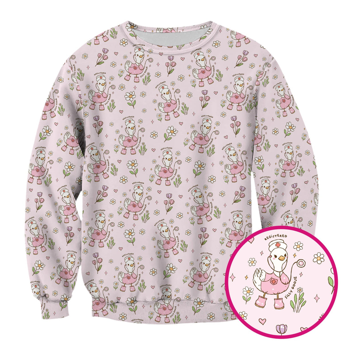 Funny Nurse Goose Daisy Print Scrub Top, Breathable Fabrics Nursing Uniform