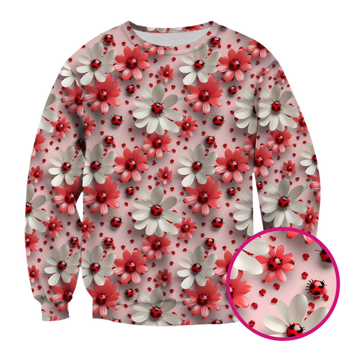 Red Ladybug Flower Pattern Scrub Top, Cute Spring Floral Nursing Uniform for Women