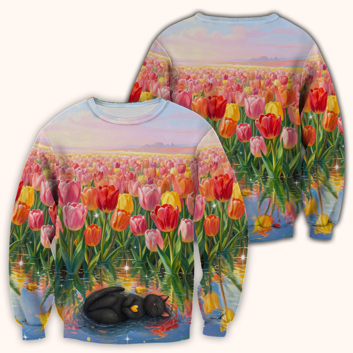 Sleeping Black Cat Tulip Field Nurse Scrub Top