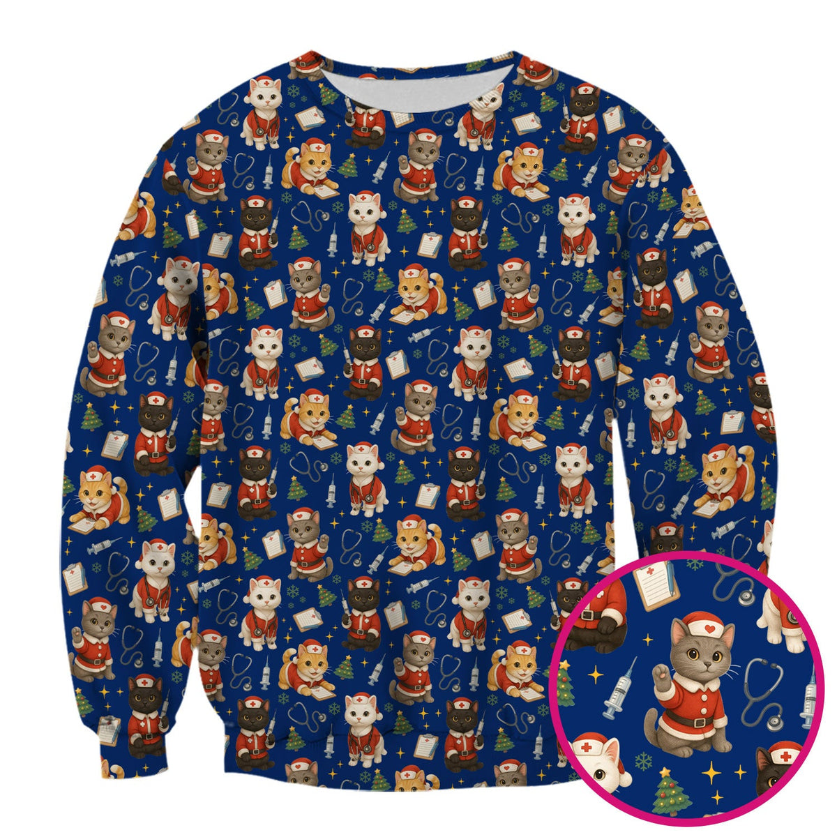 Funny Nurse Scrub Top for Women - Christmas Lucky Cat Design - Cute Holiday Nursing Shirt Gift for RN LPN CNA