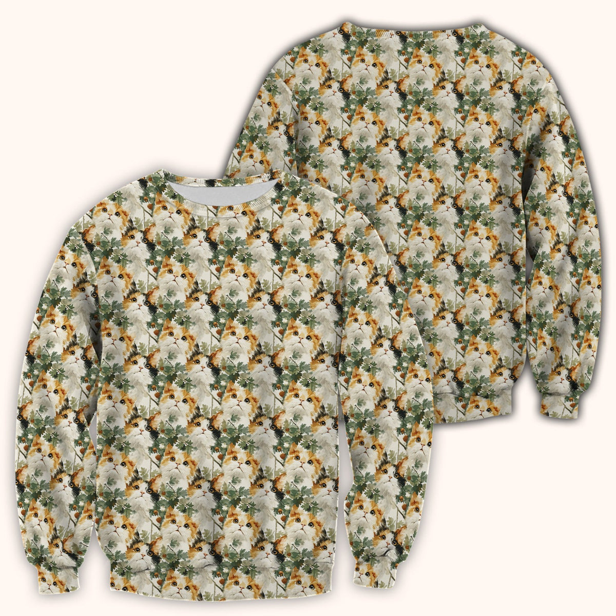 Fluffy Calico Cat Oak Leaves Nurse Scrub Top