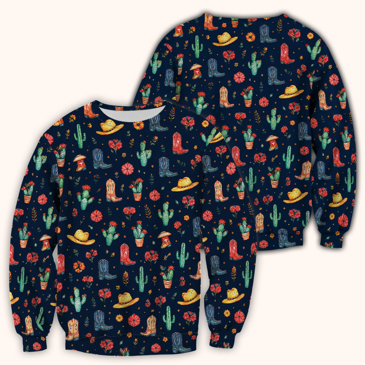 Whimsical Western Cactus Boots Pattern Scrub Top, Breathable Fabrics Nursing Uniform