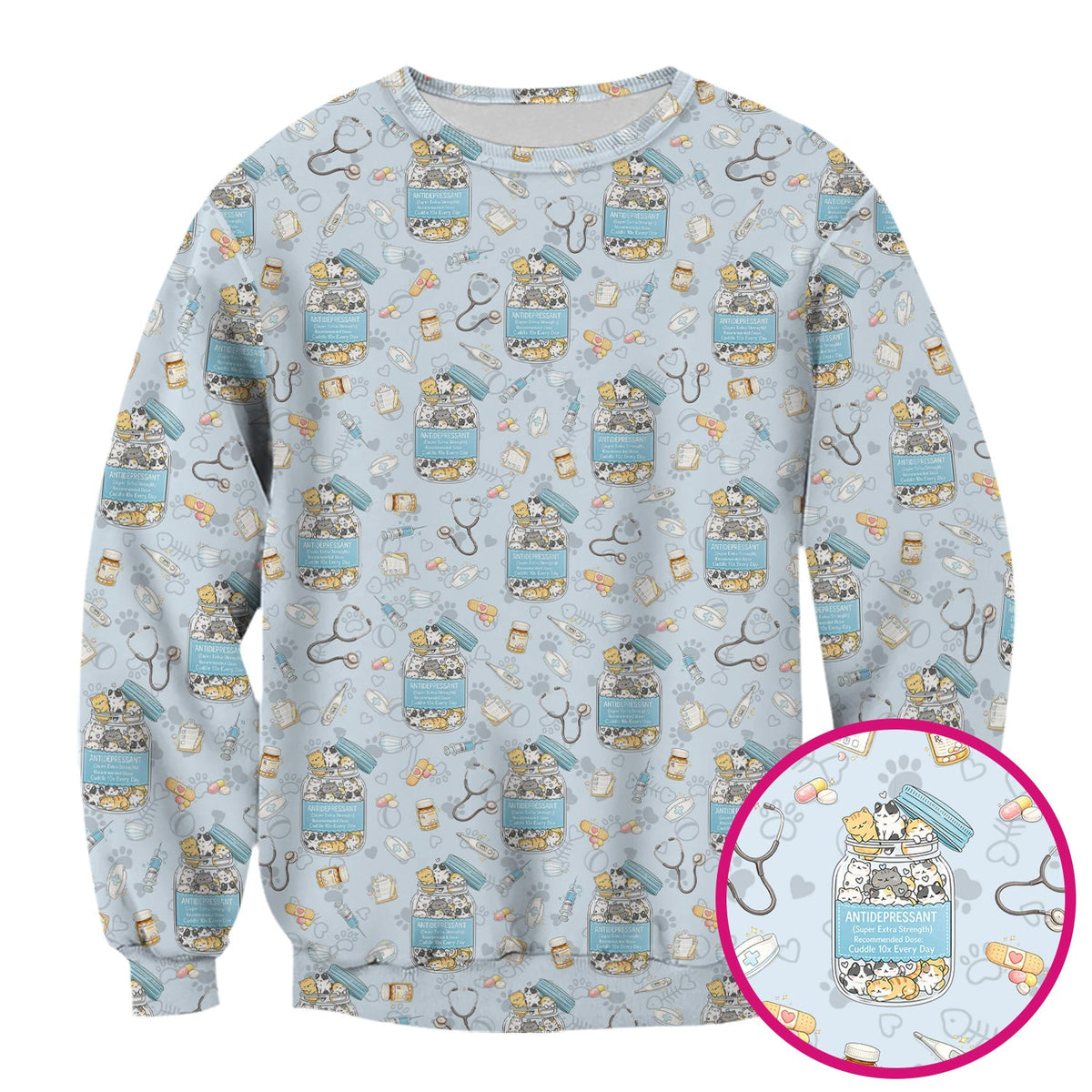 Cute Antidepressant Cat Jar Print Nurse Scrub Top, Breathable Fabrics Nursing Uniform