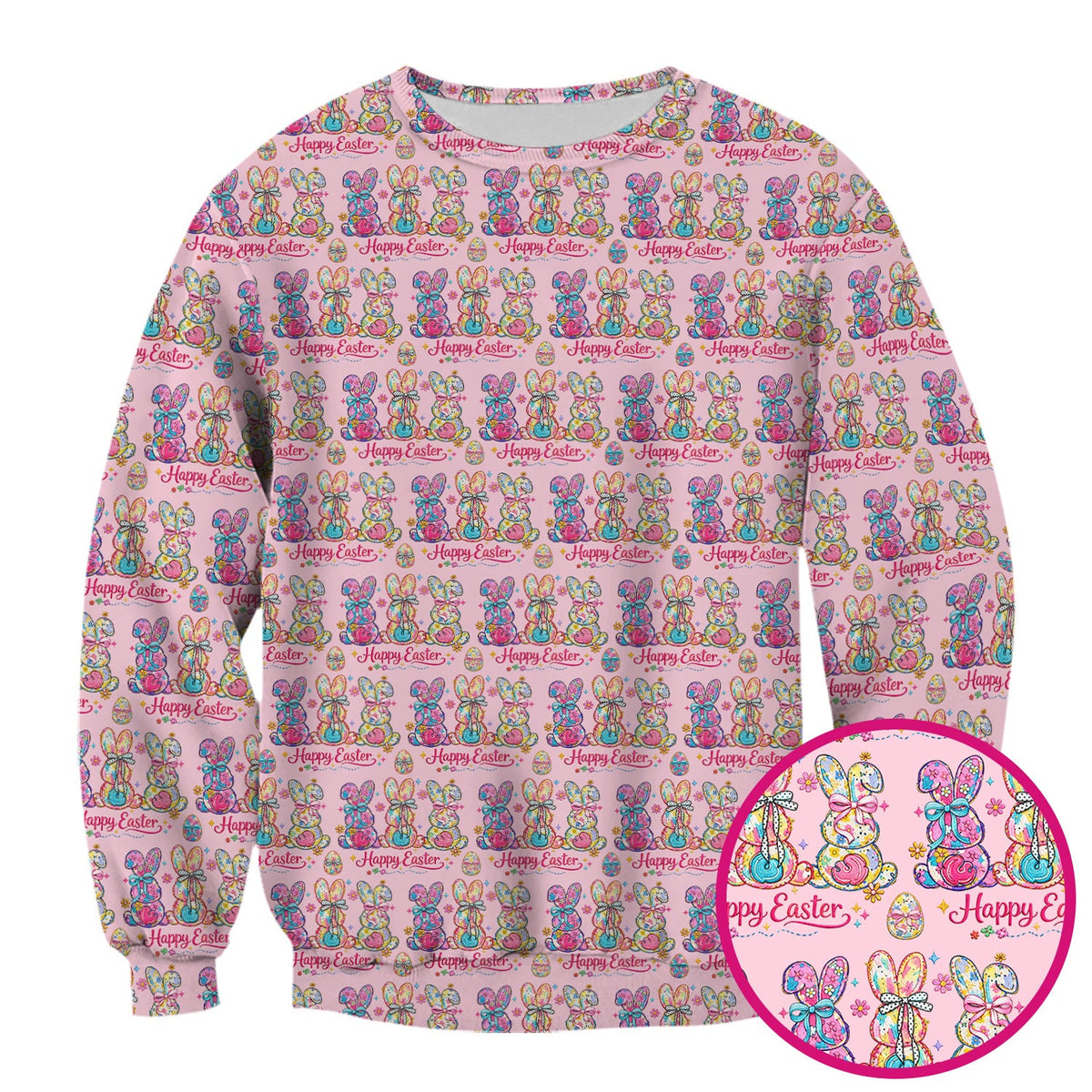 Pink Happy Easter Bunny Pattern Scrub Top, Comfortable Scrubs for Nurses