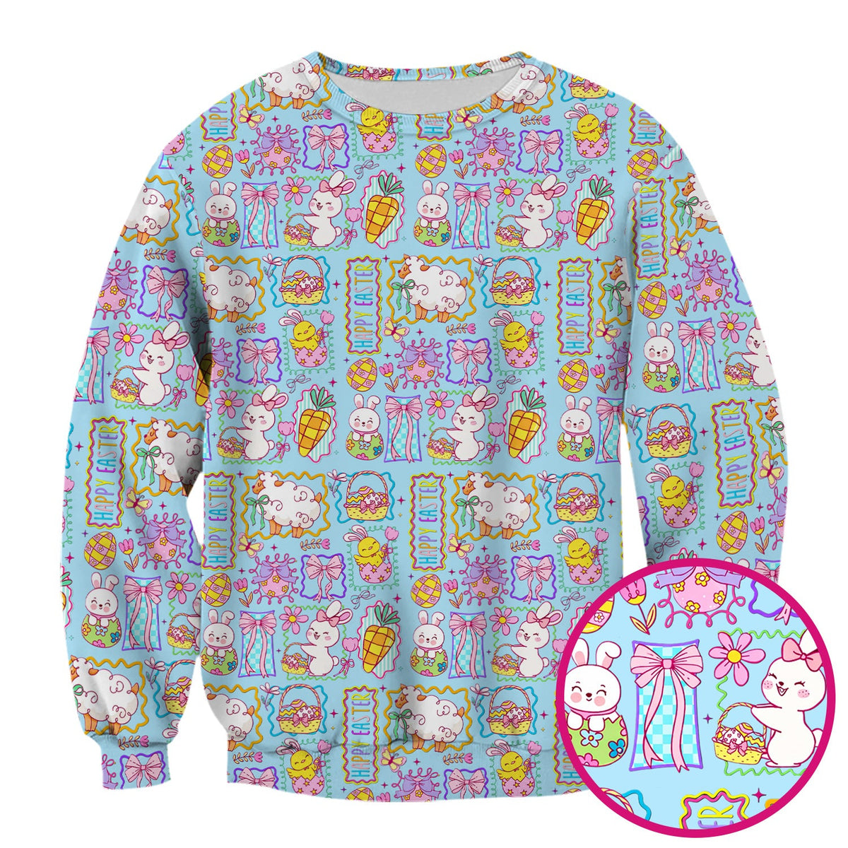 Cute Easter Bunny Egg and Bow Print Scrub Top, Breathable Fabrics Nursing Uniform
