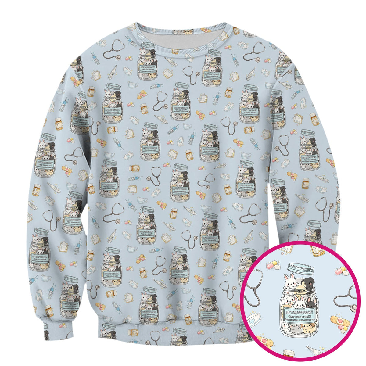 Whimsical Antidepressant Rabbit Jar Nurse Scrub Top