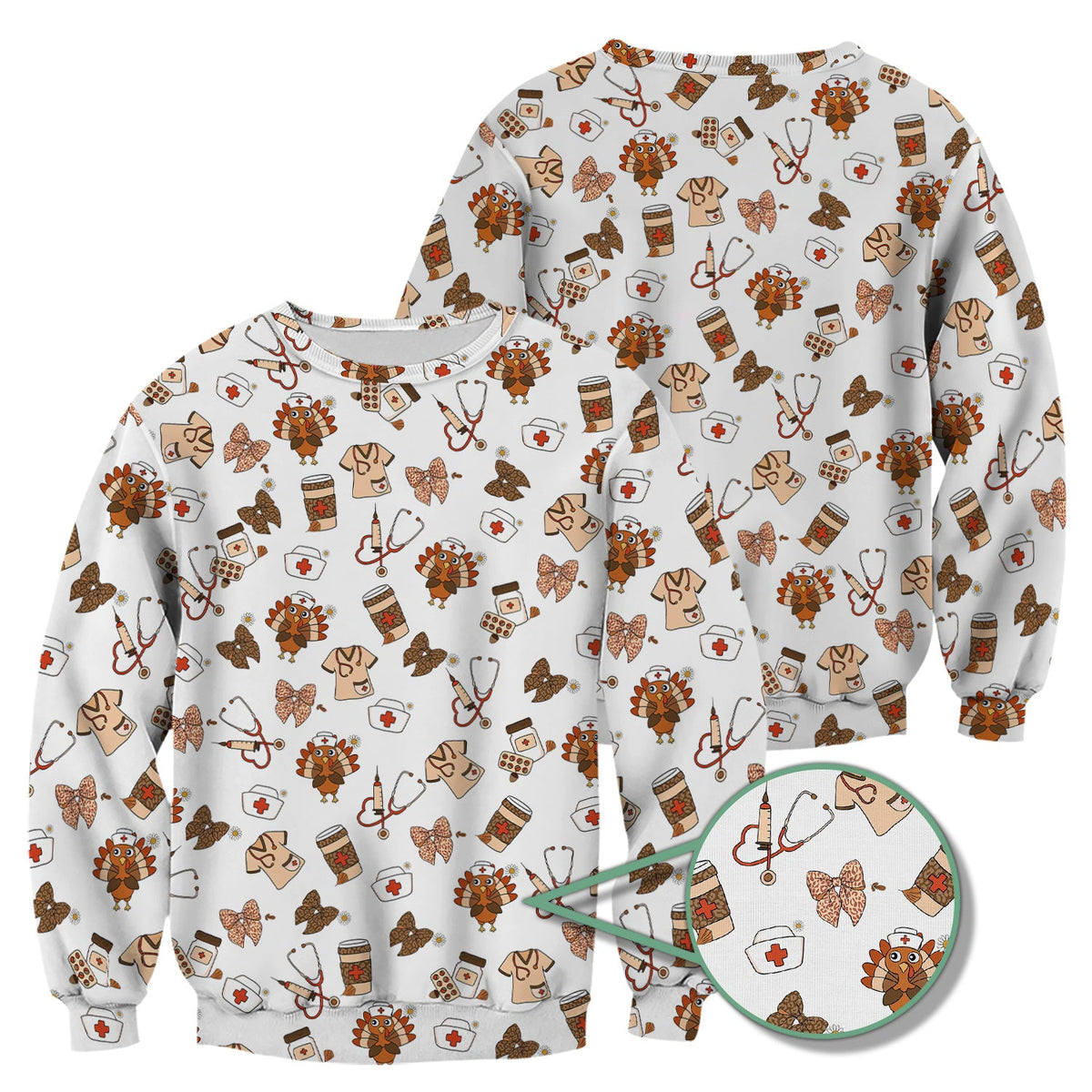 Cute Nurse Fall Season Scrub Top - Thanksgiving Turkey & Stethoscope Medical Design  - Gift for RN LPN CNA