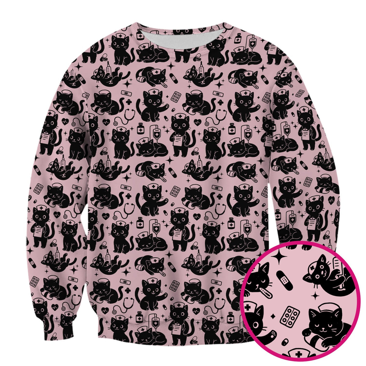 Cute Black Cat Nurse Pattern Scrub Top, Breathable Fabrics Nursing Uniform