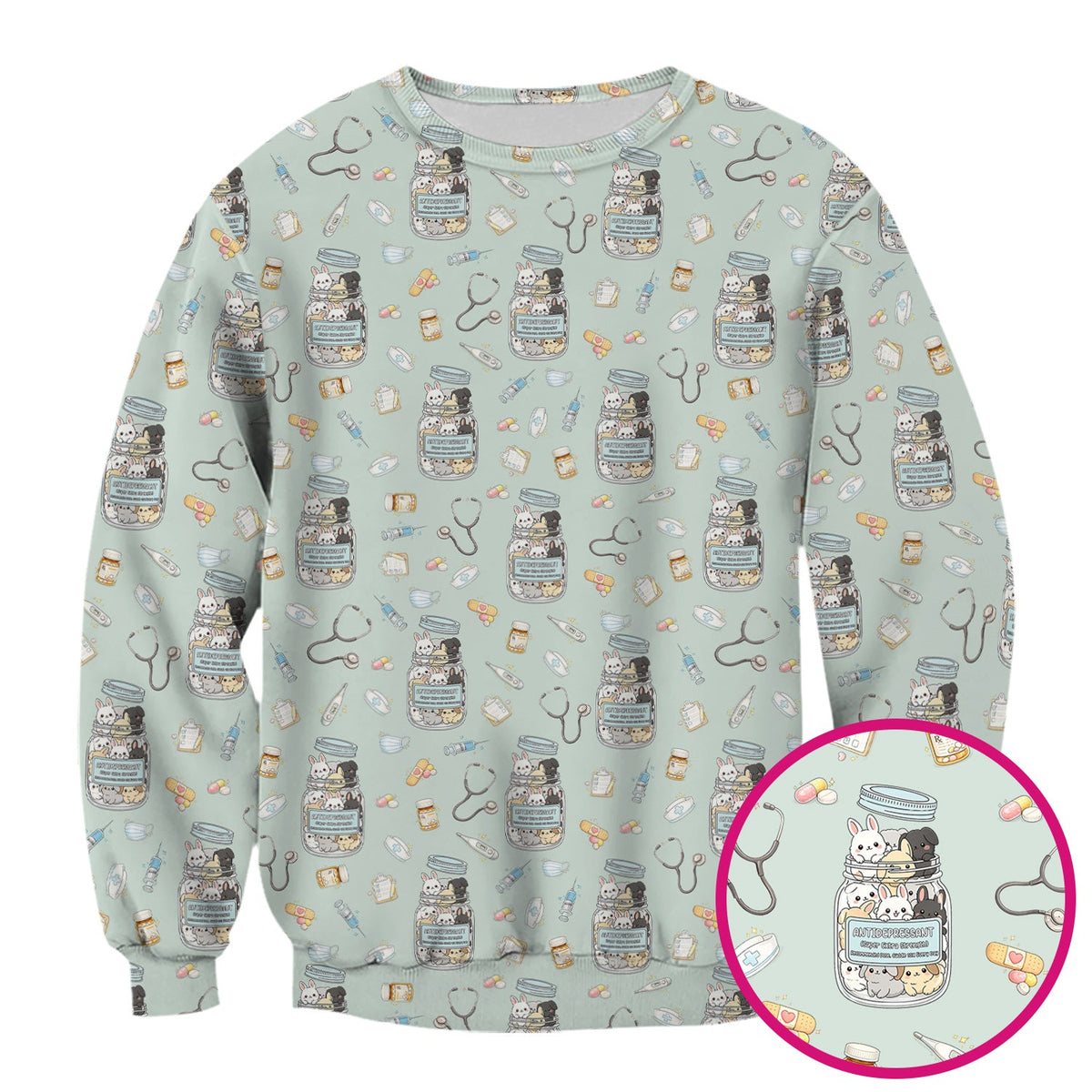 Whimsical Antidepressant Rabbit Jar Nurse Scrub Top