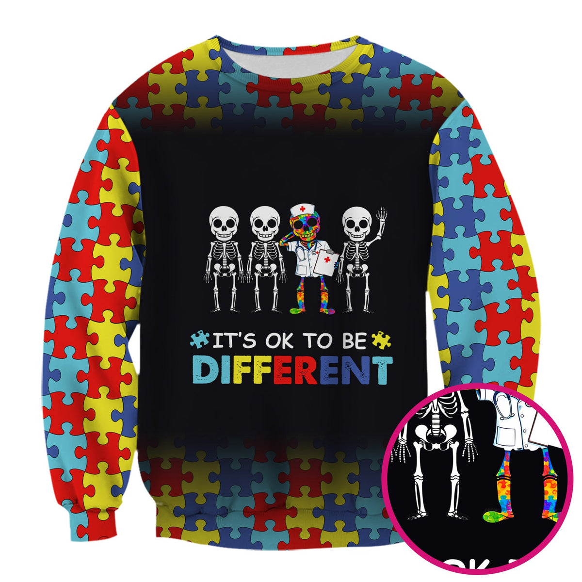 Autism Puzzle Skeleton It's OK To Be Different Nurse Scrub Top
