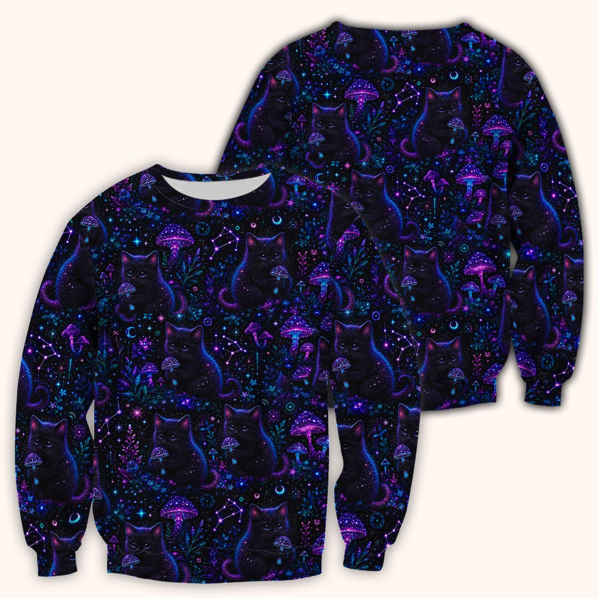 Neon Black Cat Mushroom Galaxy Nurse Scrub Top