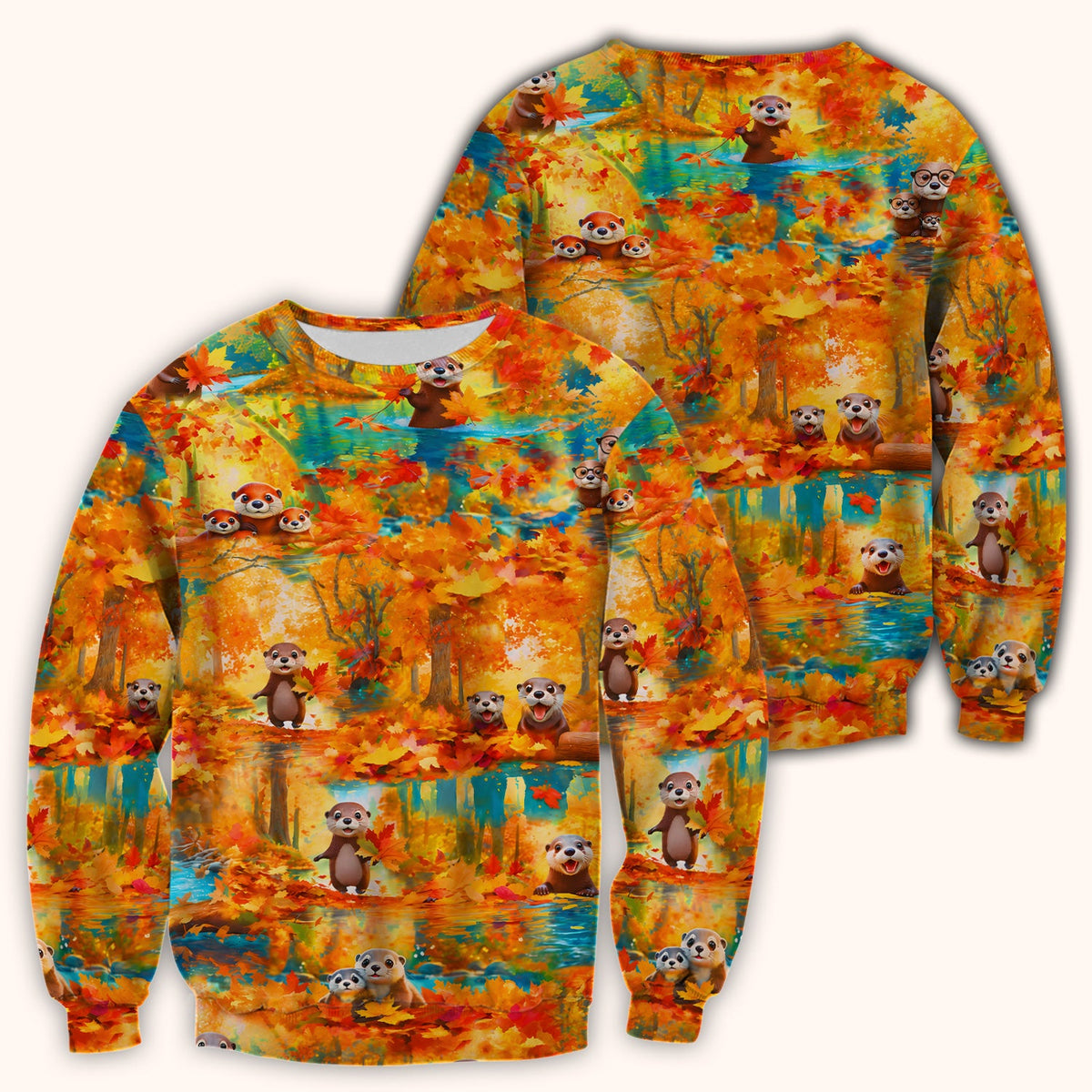 Cute Autumn Otter Leaf Forest Nurse Scrub Top