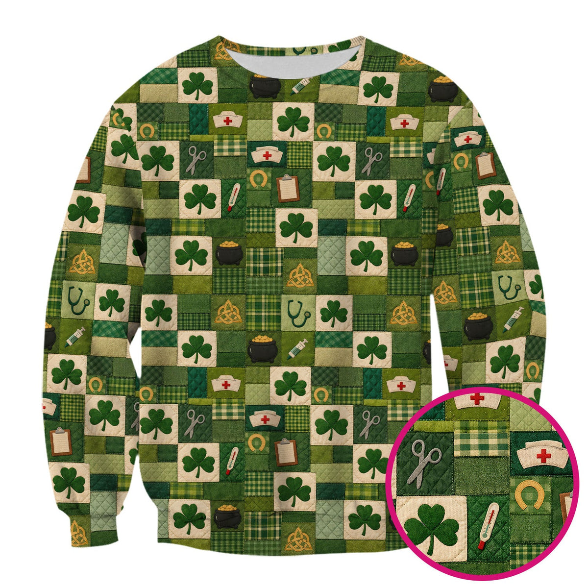 St Patrick Patchwork Shamrock Nurse Scrub Top