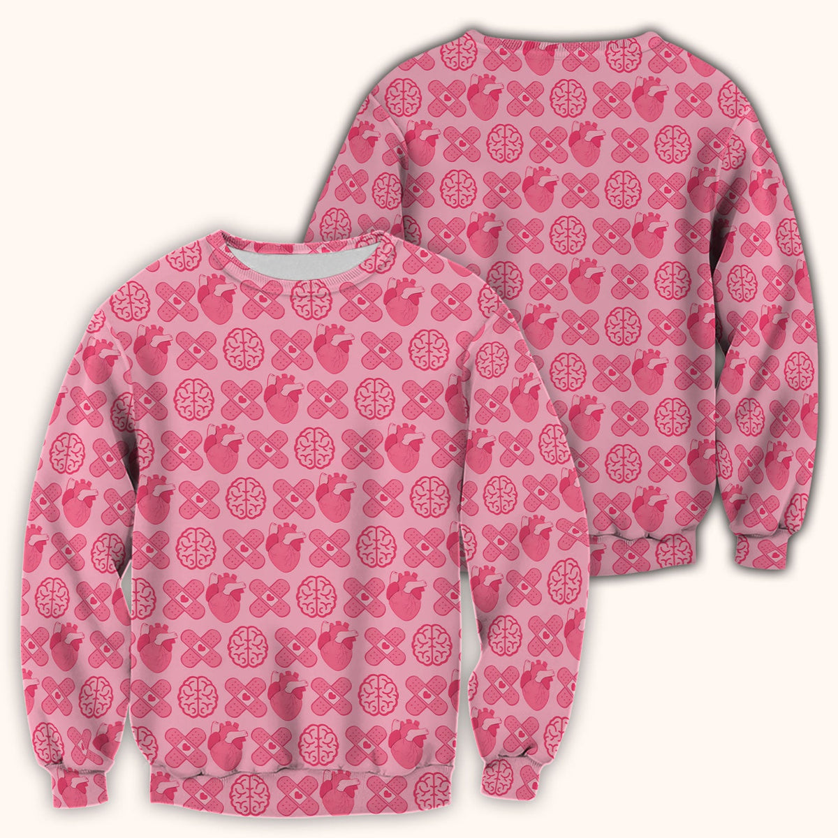 Heart & Brain Medical Icon Pattern Scrub Top, Breathable Fabrics Nursing Uniform