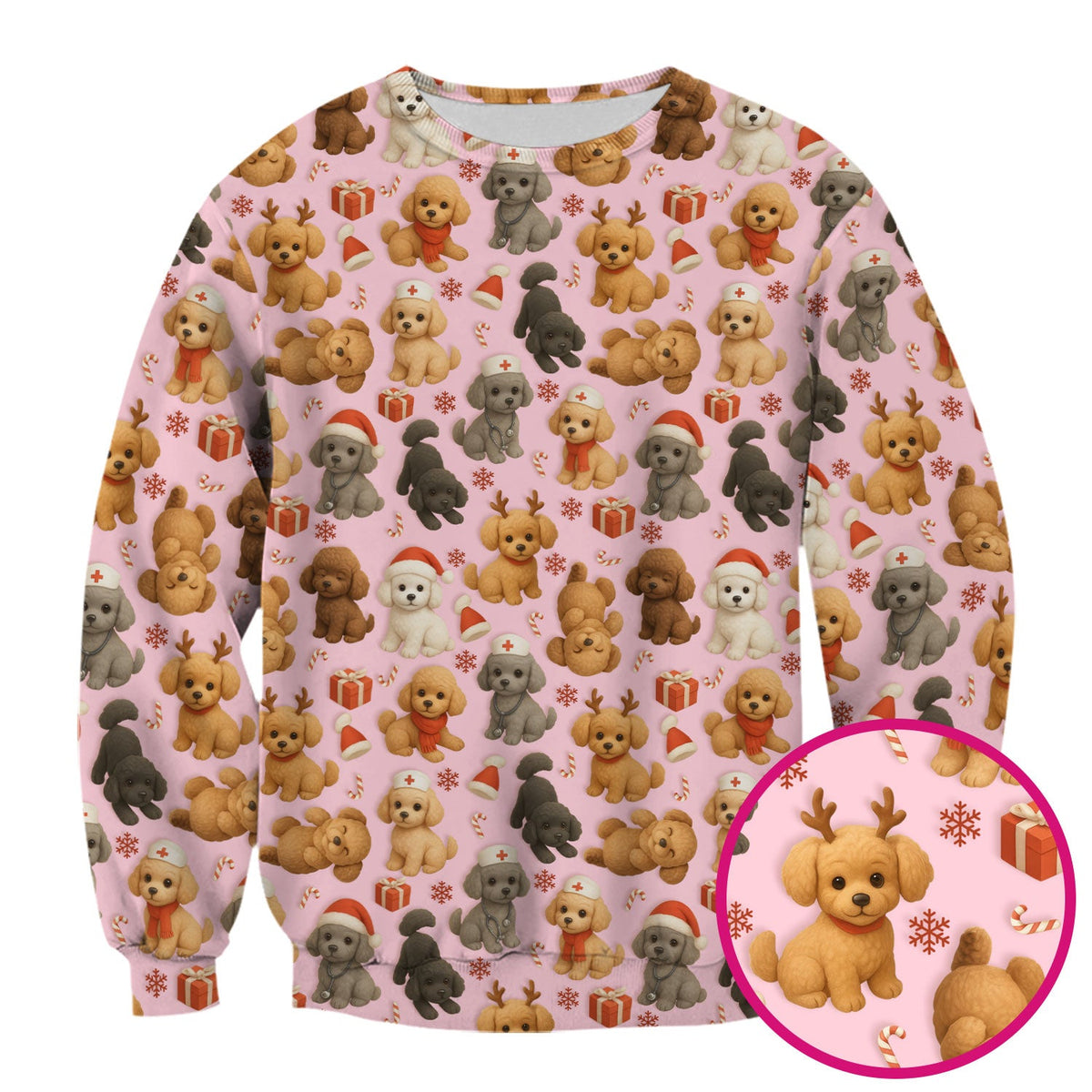 Poodle Scrubs Christmas Edition - Cute Dog Pattern Medical Scrub Top for Women - Holiday Christmas Scrubs with Fun Festive Puppy Print
