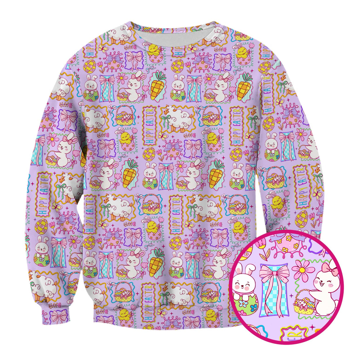 Cute Easter Bunny Egg and Bow Print Scrub Top, Breathable Fabrics Nursing Uniform