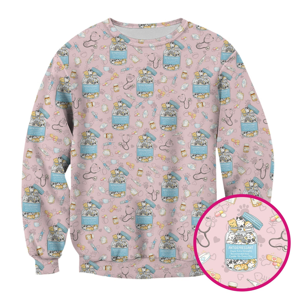 Cute Antidepressant Cat Jar Print Nurse Scrub Top, Breathable Fabrics Nursing Uniform