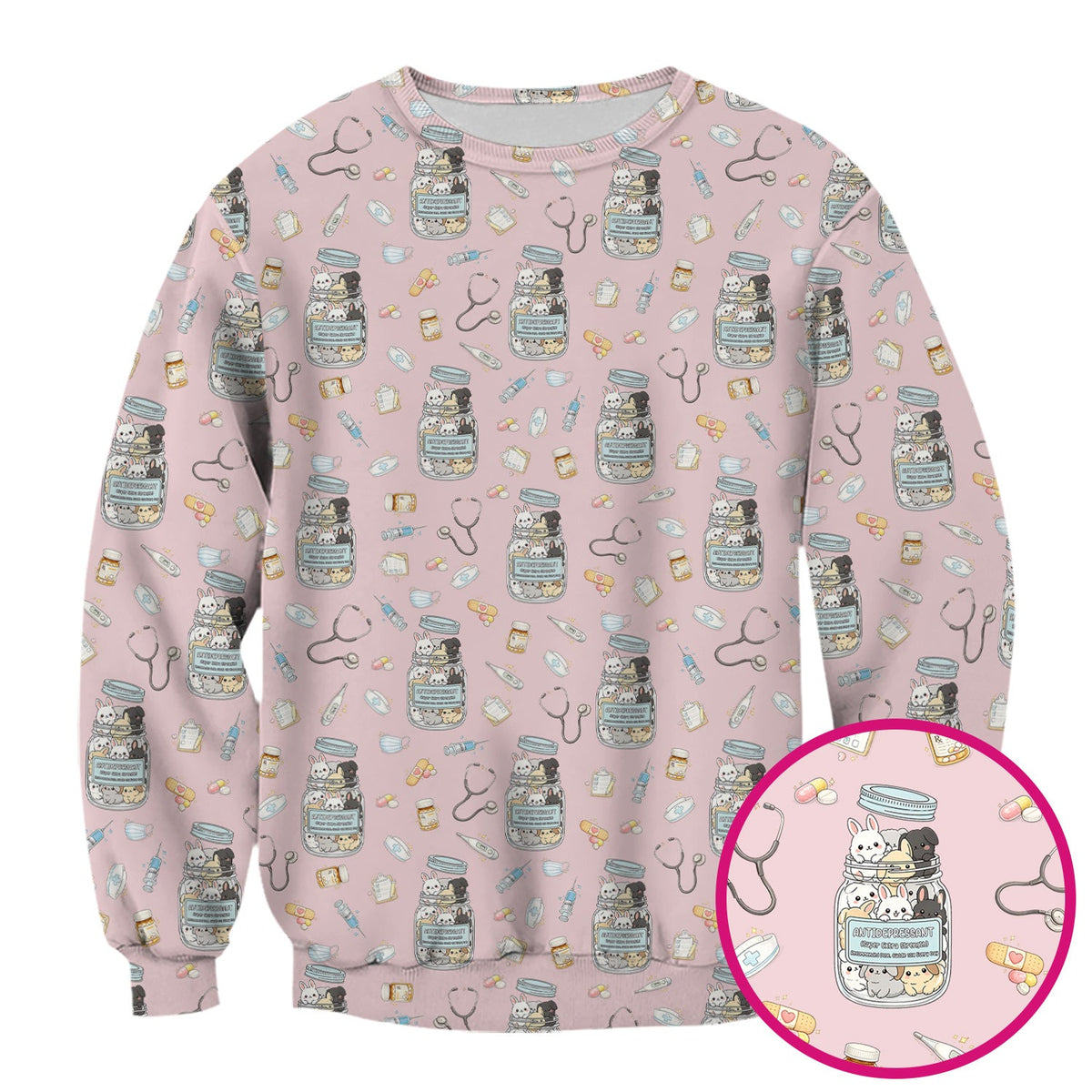 Whimsical Antidepressant Rabbit Jar Nurse Scrub Top