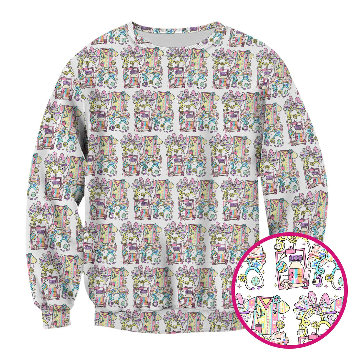 Colorful Nurse Scrub Supplies Pattern Scrub Top, Breathable Fabrics Nursing Uniform