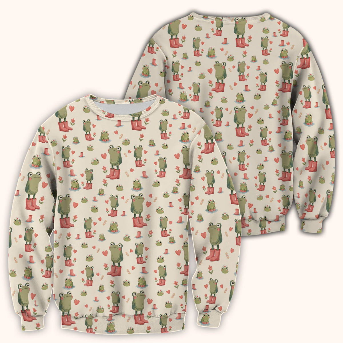 Adorable Frog Boots Heart Pattern Scrub Top, Comfortable Scrubs for Nurses