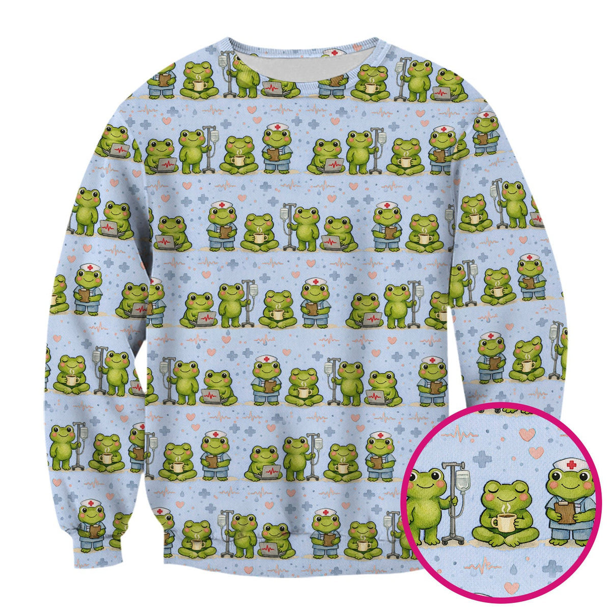 Adorable Frog Nurse Various Poses Print Scrub Top, Comfortable Scrubs for Nurses