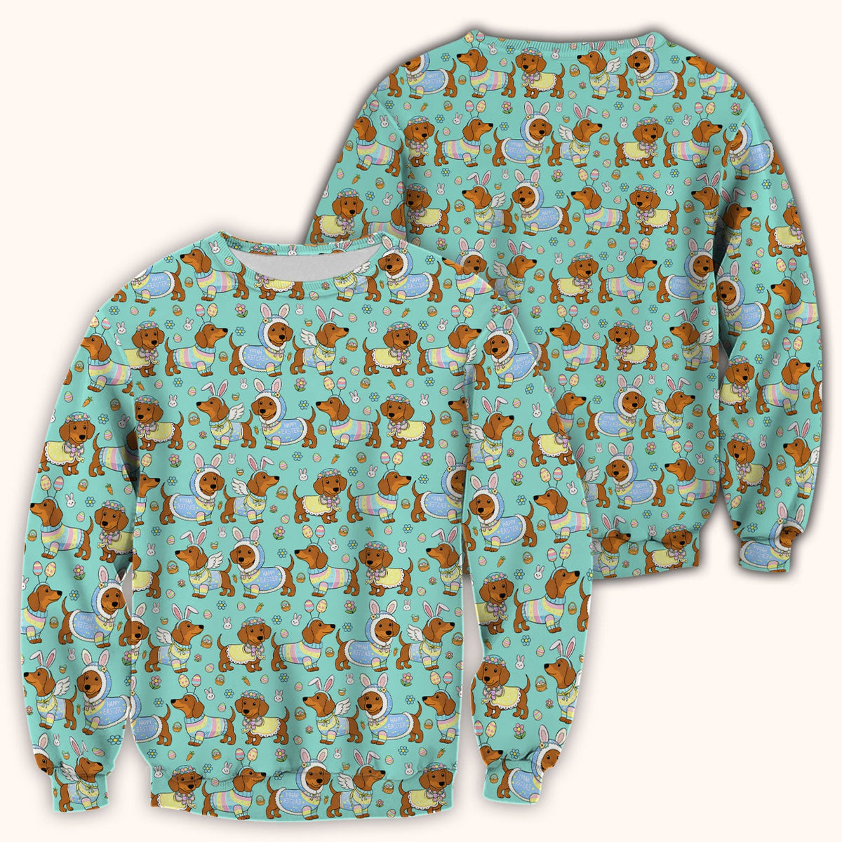 Easter Dachshund Bunny Print Scrub Top, Breathable Fabrics Nursing Uniform