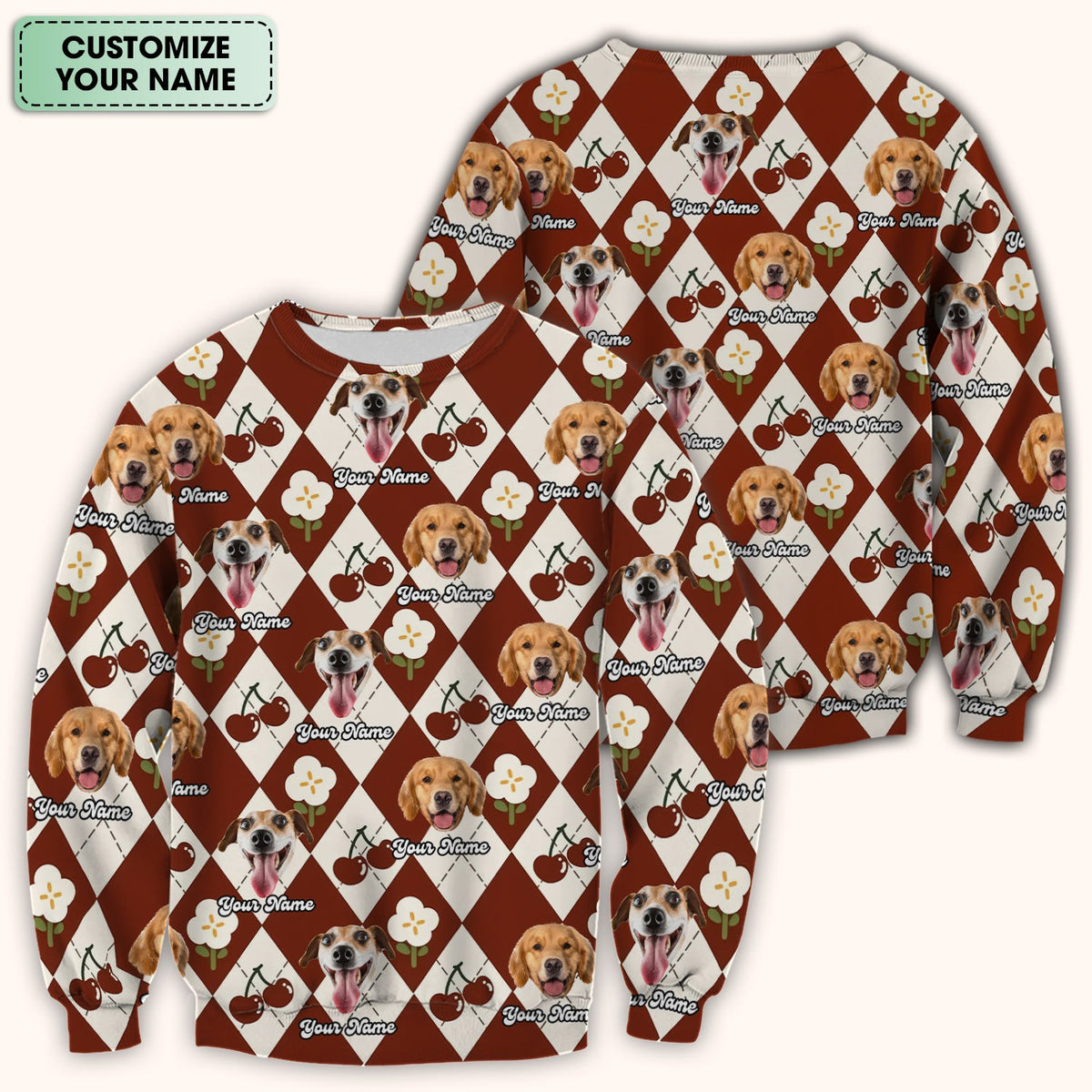 Dog Face Cherry Argyle Nurse Scrub Top