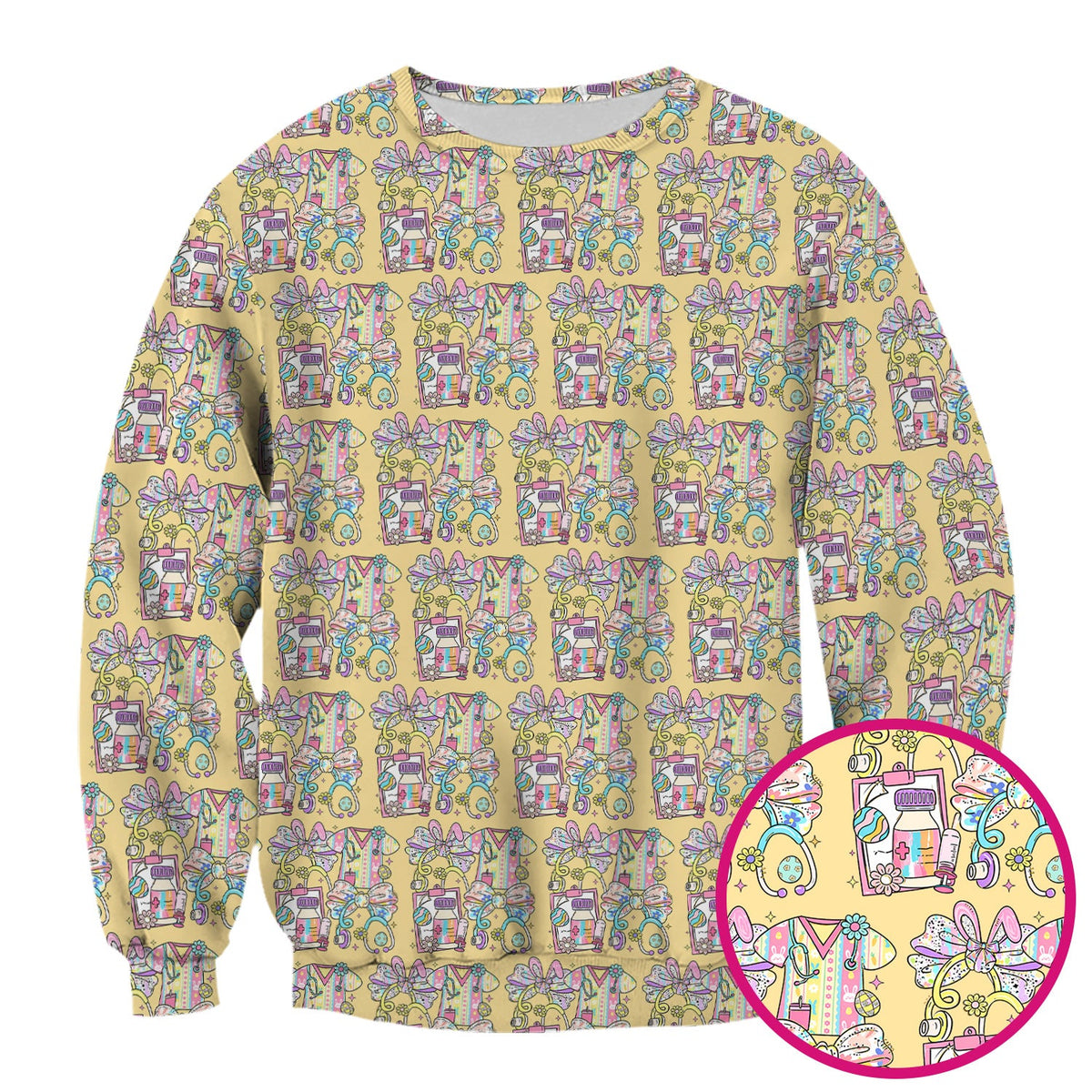 Colorful Nurse Scrub Supplies Pattern Scrub Top, Breathable Fabrics Nursing Uniform