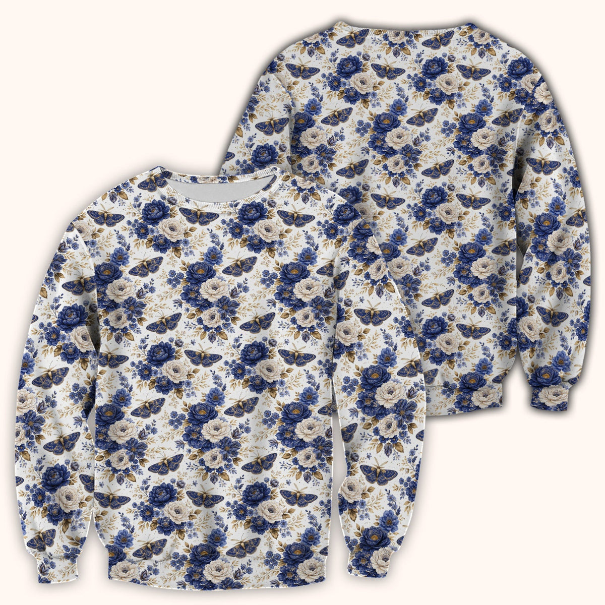 Cute Blue Floral Moth Nurse Scrub Top