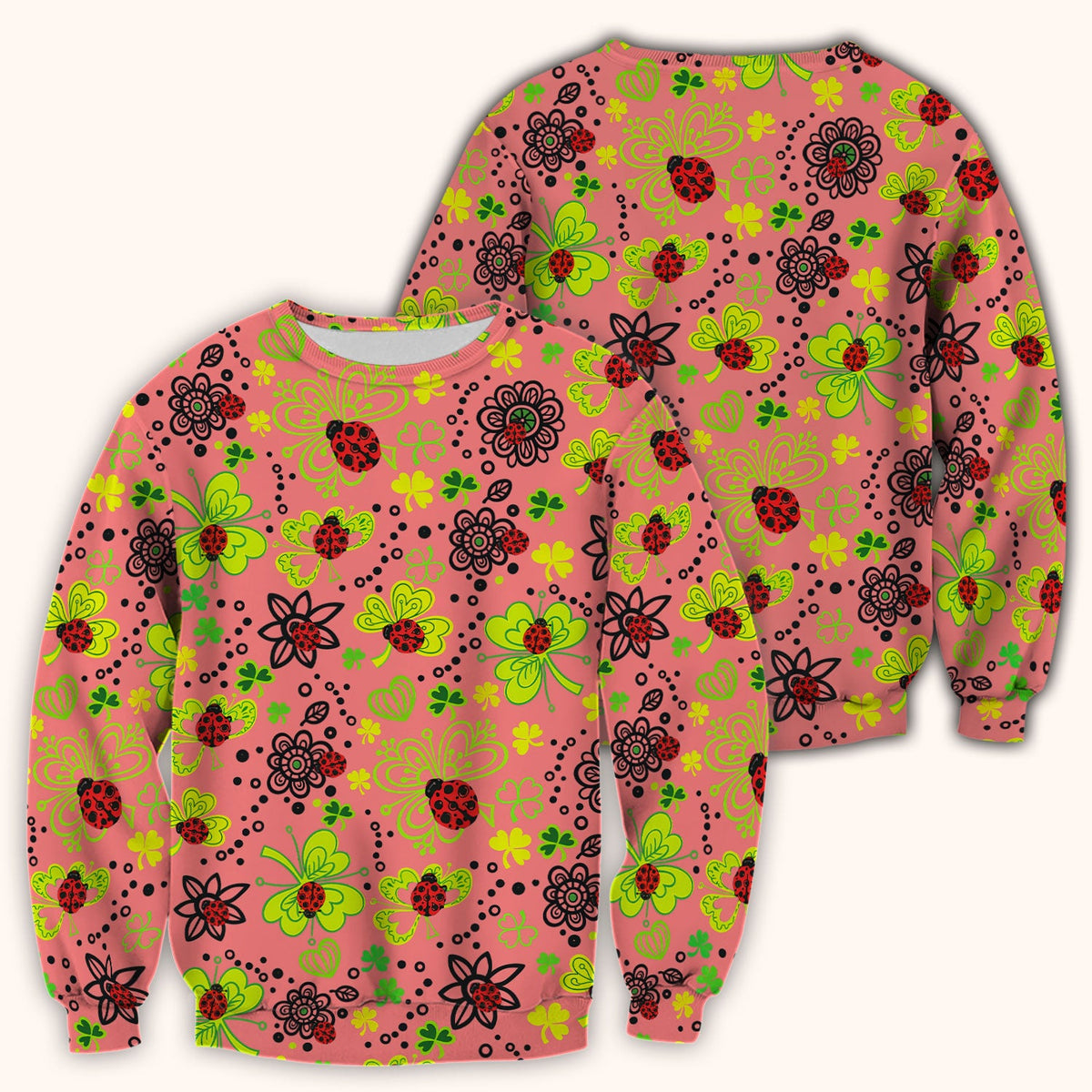 Ladybug Clover Floral Pattern Print Scrubs Nurses, Breathable Fabrics Nursing Uniform