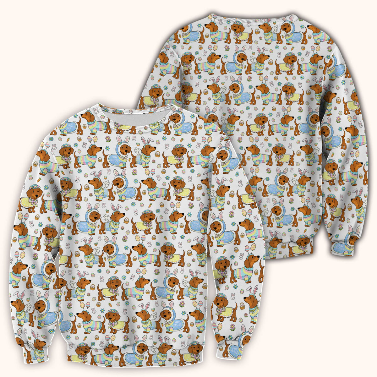 Easter Dachshund Bunny Print Scrub Top, Breathable Fabrics Nursing Uniform